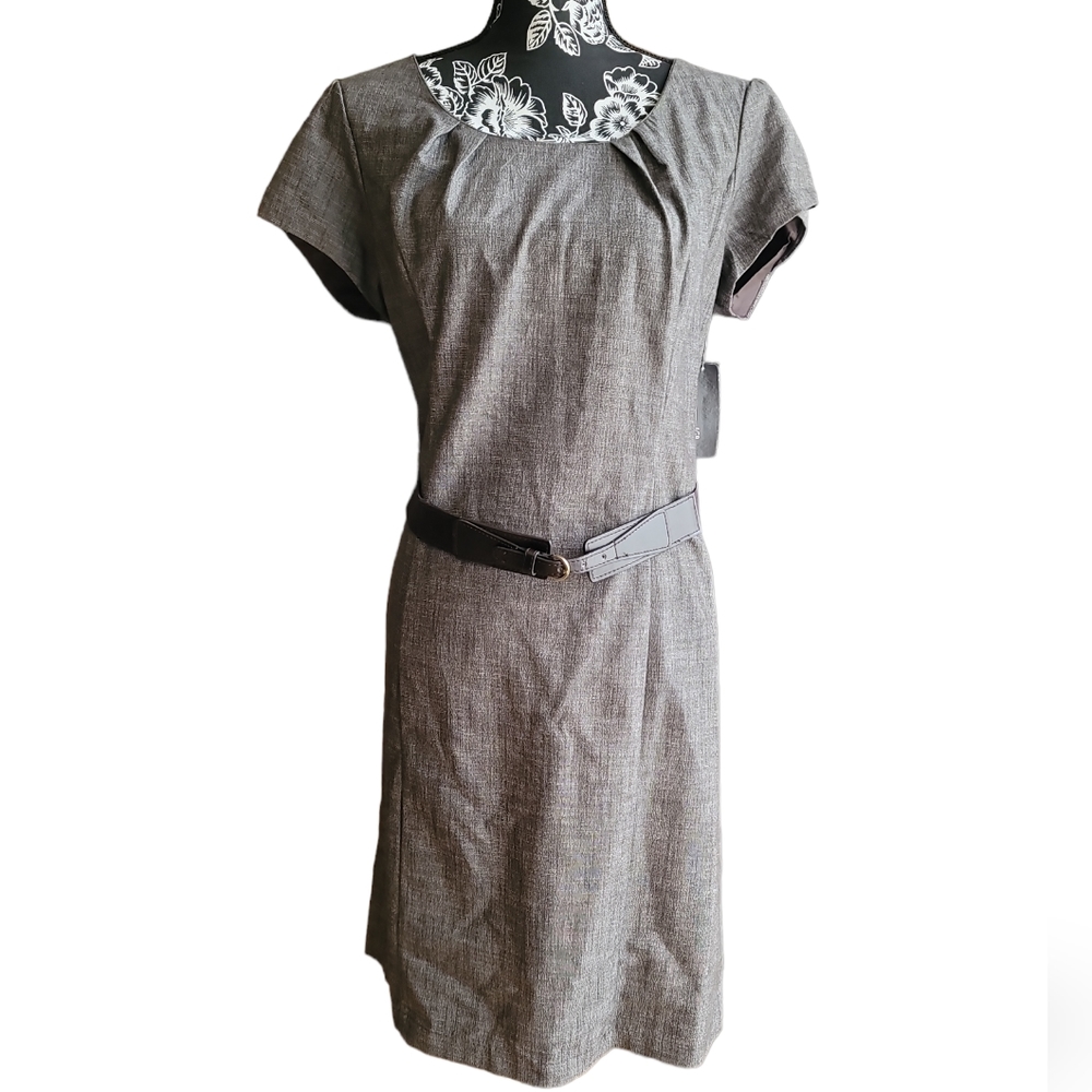 NWT AGB Womens Dress Sz 14 Brown S/S Belted Knee Lngth Sweetheart Neckline Dress